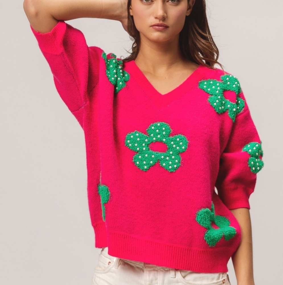BiBi Pearl Beads Flowers Sweater Top